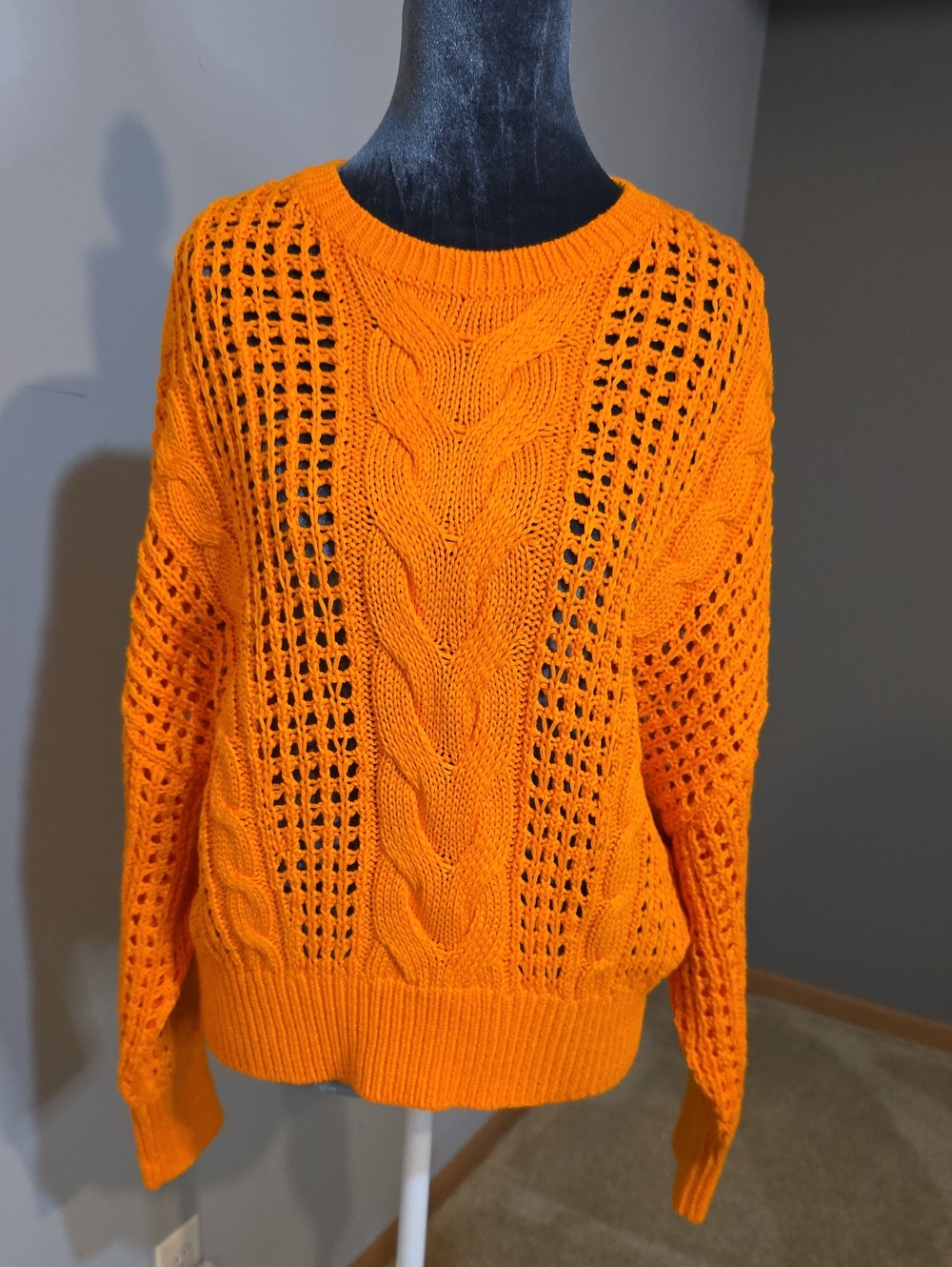 Banana Republic Orange Cable Knit Sweater XS Open Knit Cotton Crewneck Chunky